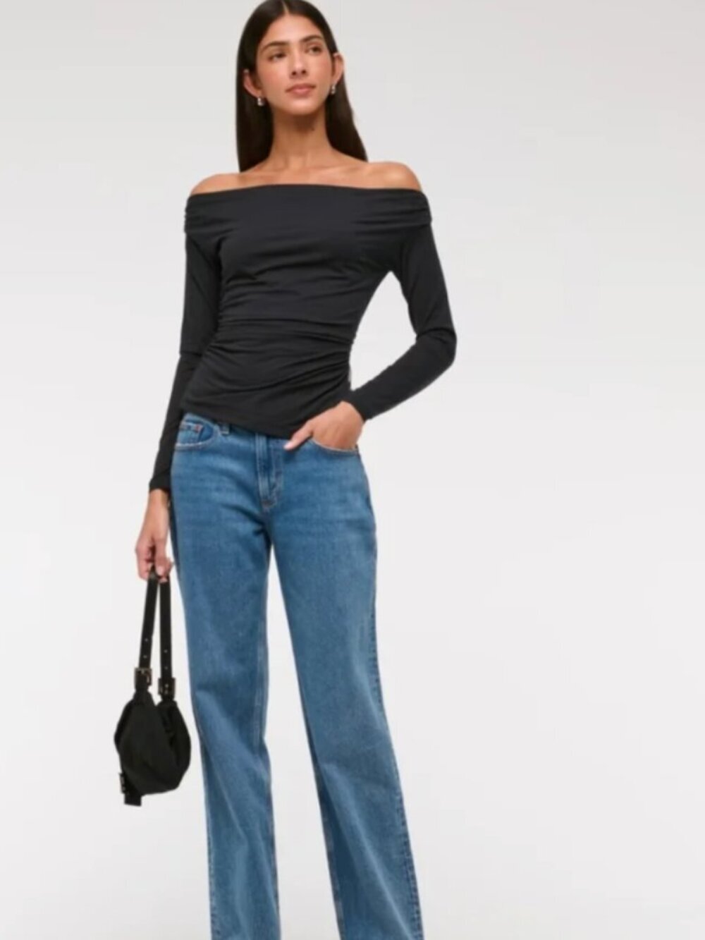 Abercrombie Modal Blend Black Draped Off The Shoulder Long Sleeve Top Medium - Picture 4 of 8